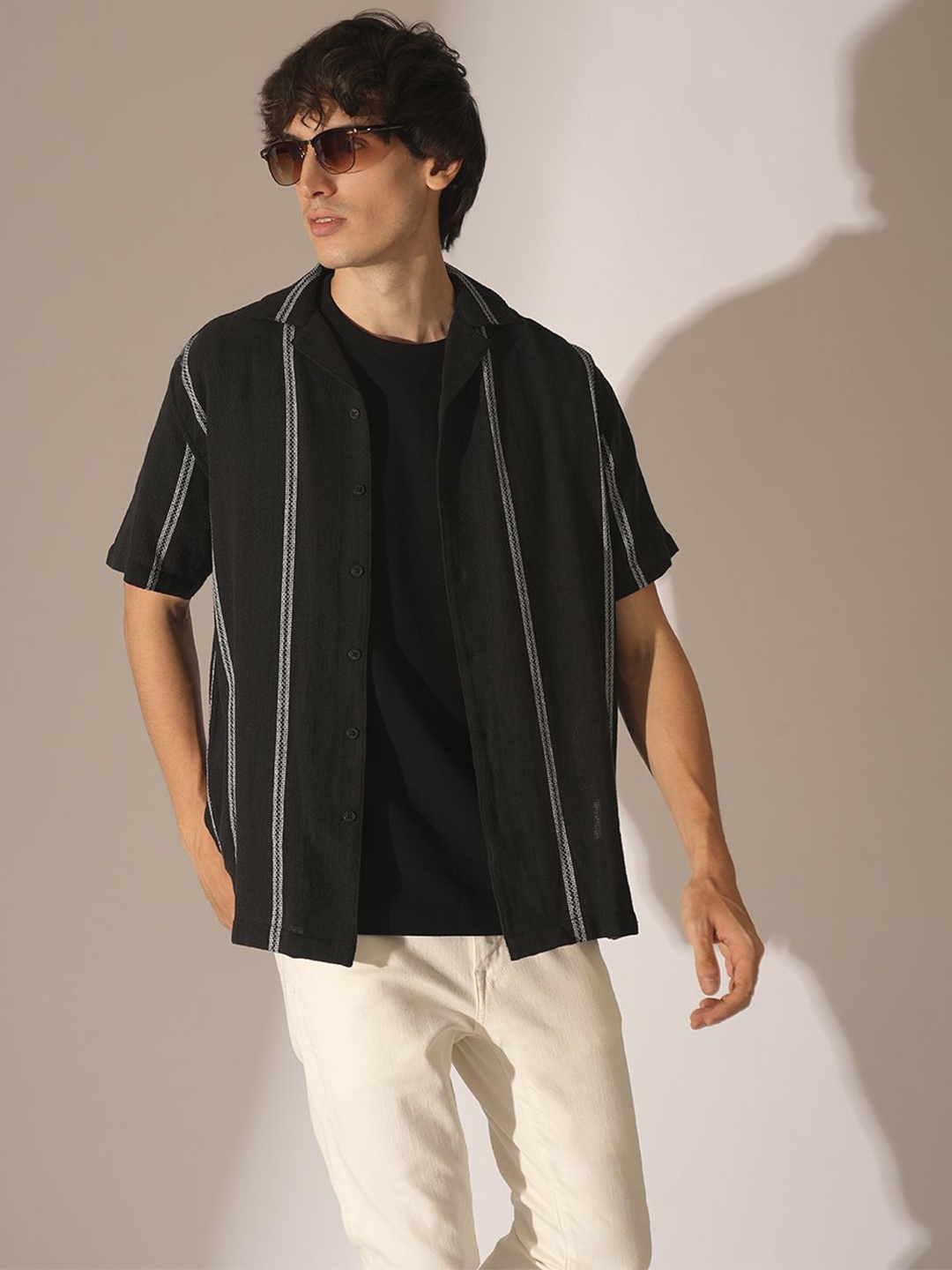 

SELECTED Men Cuban Collar Multi Striped Cotton Casual Shirt, Black