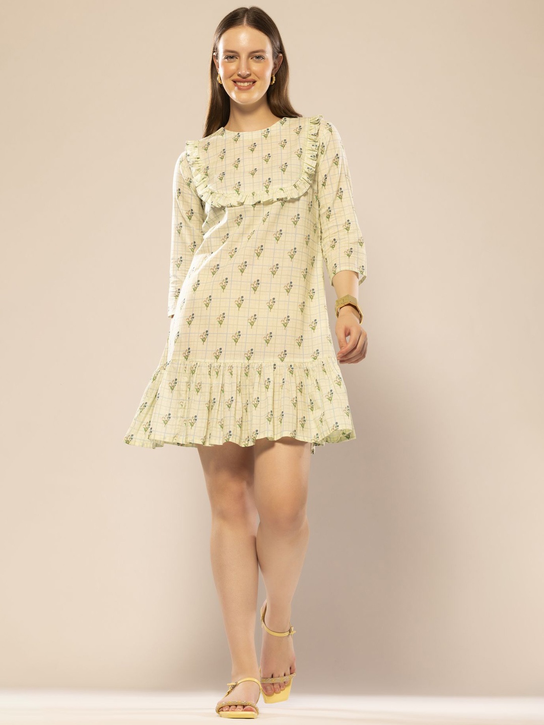 

OCTICS Floral Printed A-Line Mini Dress, Lime green