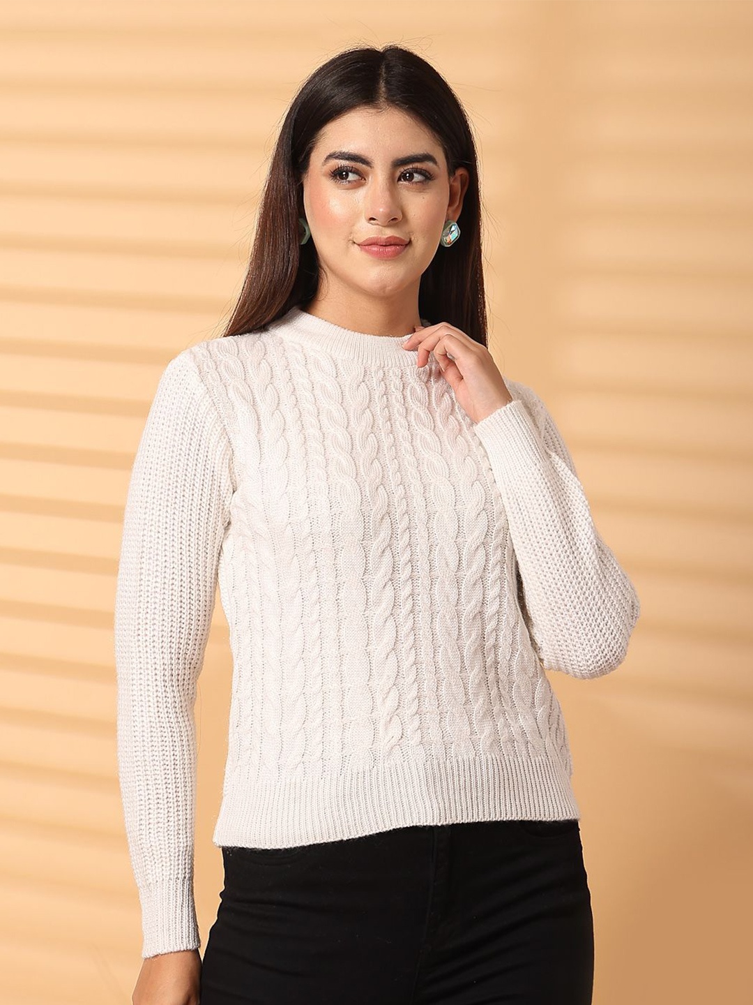 

Clora Creation Women Cable Knit Woollen Pullover, Off white