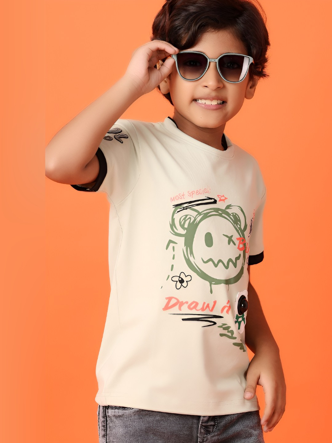 

V-Mart Boys Graphic Printed Round Neck Cotton T-shirt, Beige