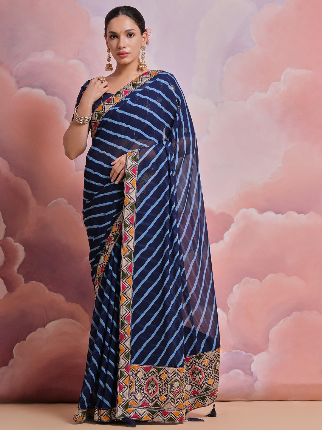 

Krimmple Leheriya Embroidered Pure Georgette Saree, Blue