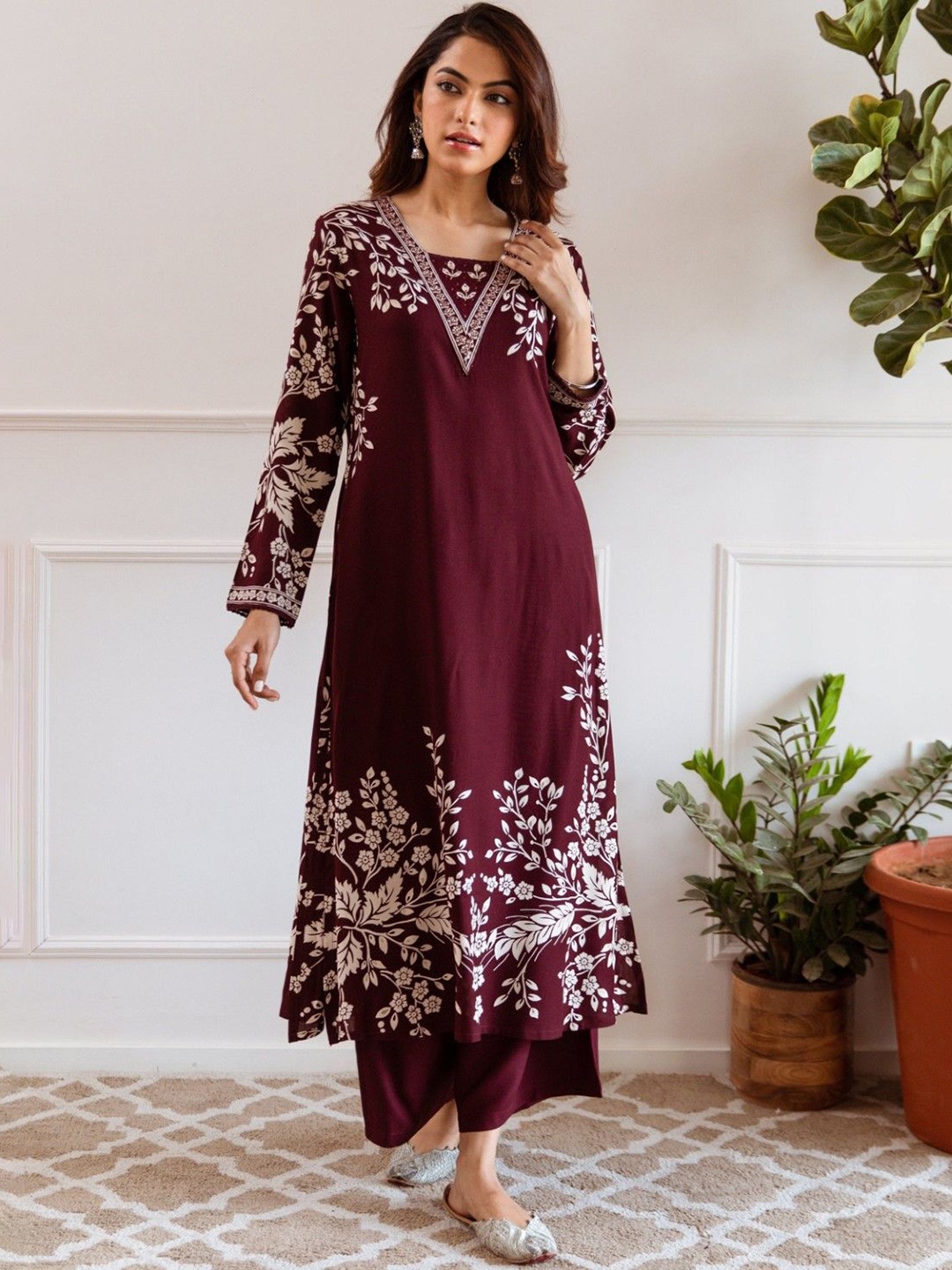 

AUTUMN LANE Aruna Merlot Floral Printed A-Line Pure Cotton Kurta with Palazzos, Burgundy