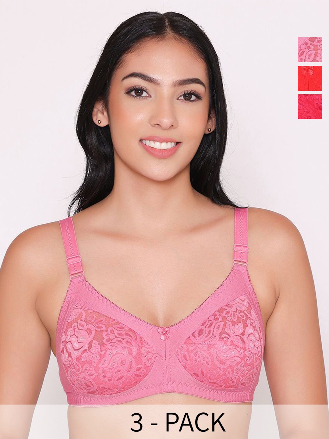 

INKURV Pack Of 3 Solid Bra Full Coverage, Red