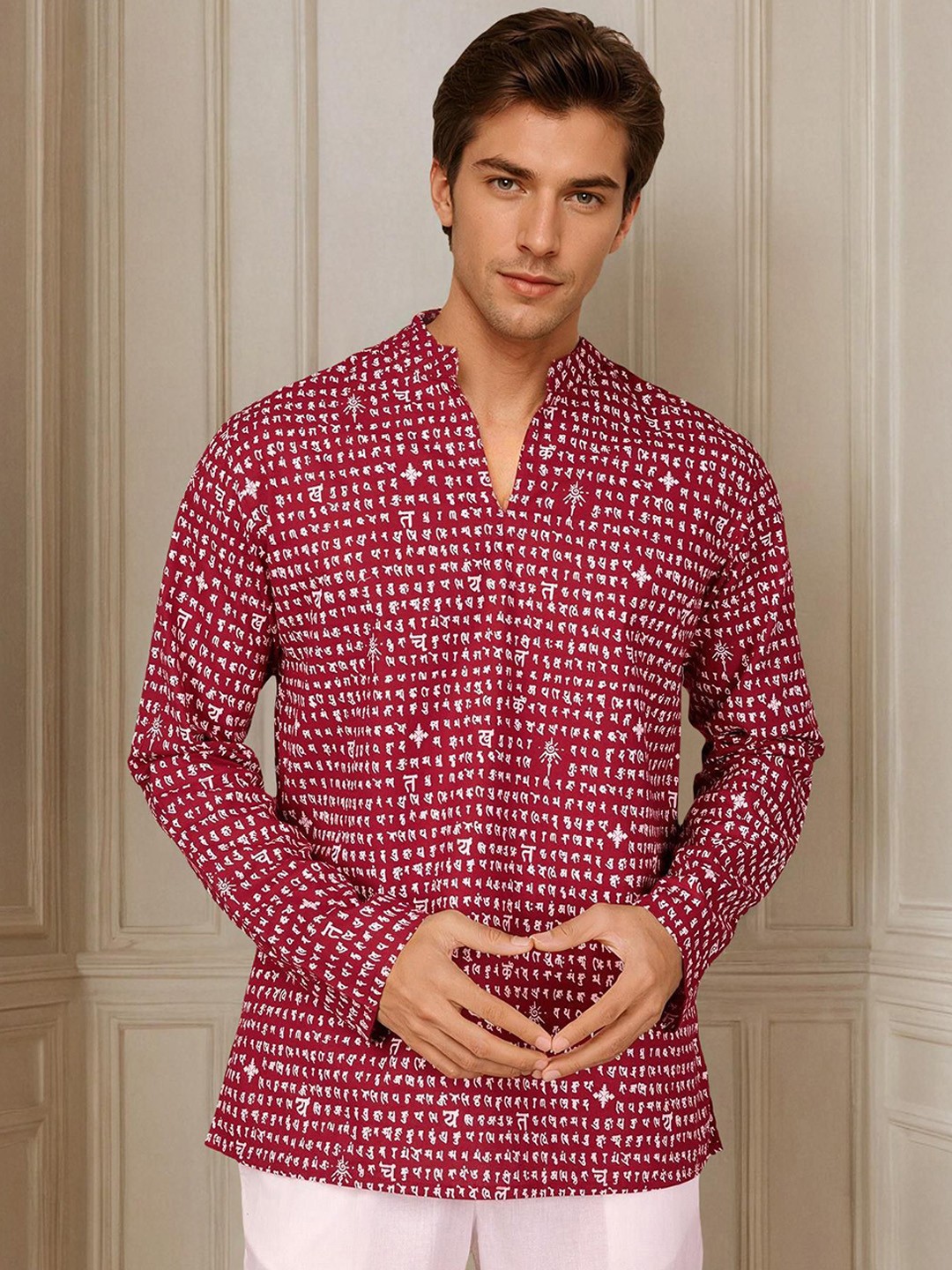 

Anouk Typography Printed Mandarin Collar Neck Long Sleeves Pure Cotton Kurta, Red