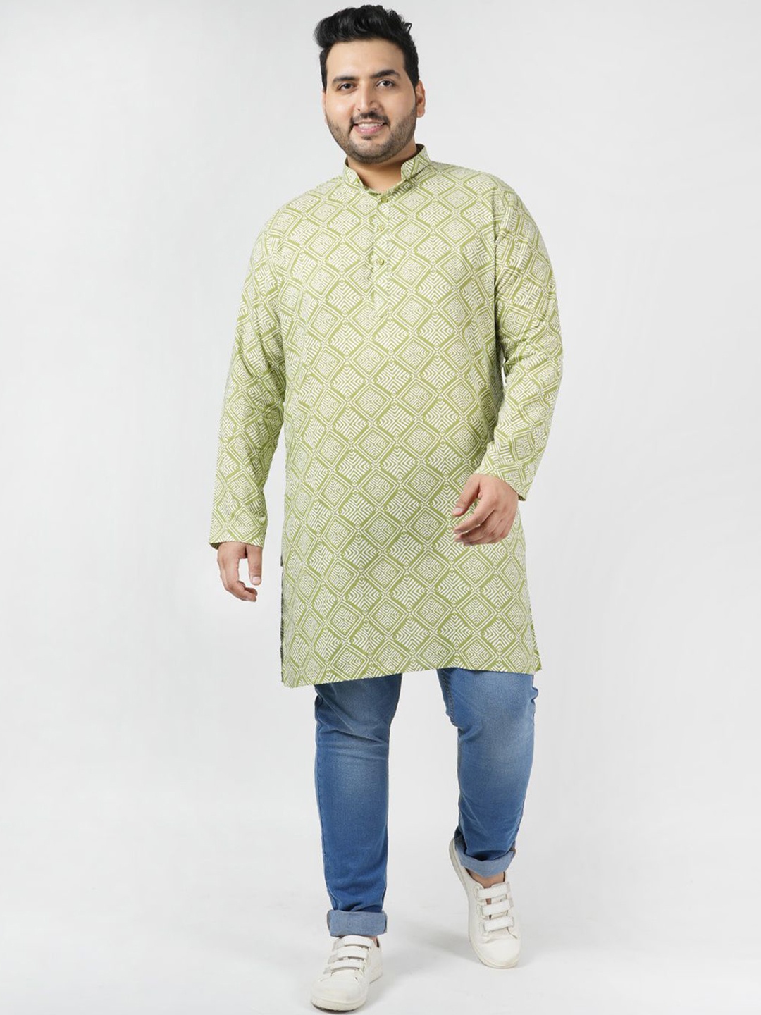 

LastInch Plus Size Geometric Printed Band Collar Straight Kurta, Green