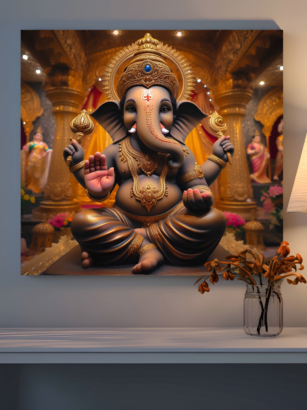 

SAF Gold-Toned & Orange Wooden Canvas Ganesh ji Religious Wall Art