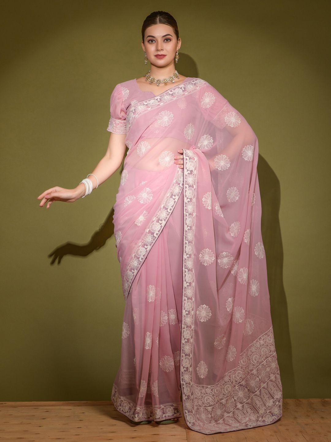 

Krimmple Floral Embroidered Pure Georgette Saree, Purple