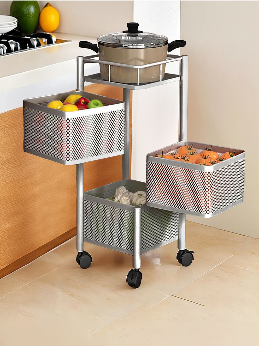 

Kuber Industries Silver Toned 2 Pieces 3-Tier Multipurpose Storage Rack with Wheels