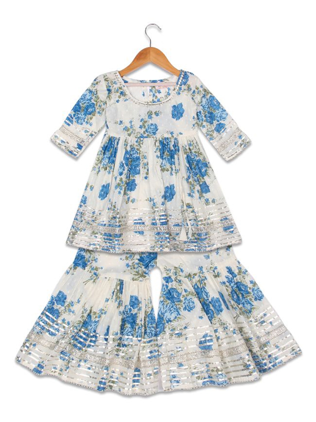 

AATYA KIIDS Girls Floral Printed Regular Gotta Patti Pure Cotton A-Line Kurti with Sharara, Blue