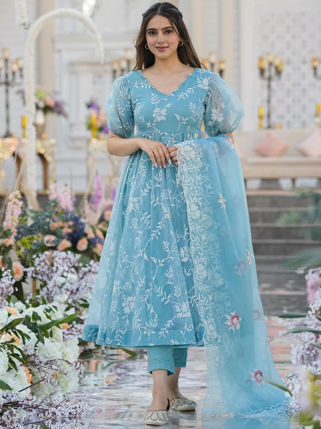 

Vama Heritage Floral Embroidered Regular Thread Work Organza Kurta With Trousers & Dupatta, Blue