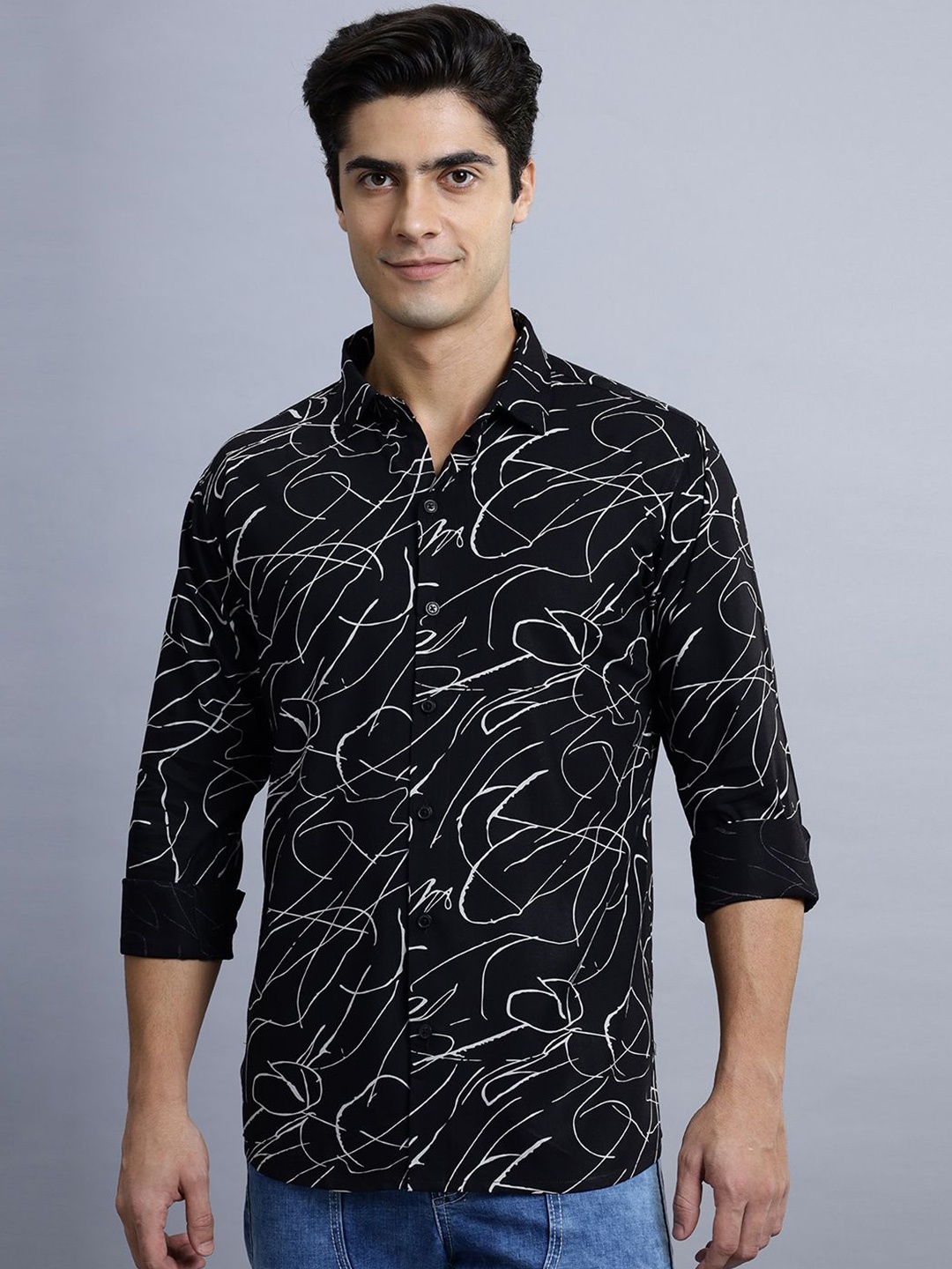 

N AND J Men Classic Spread Collar Abstract Printed Cotton Casual Shirt, Black