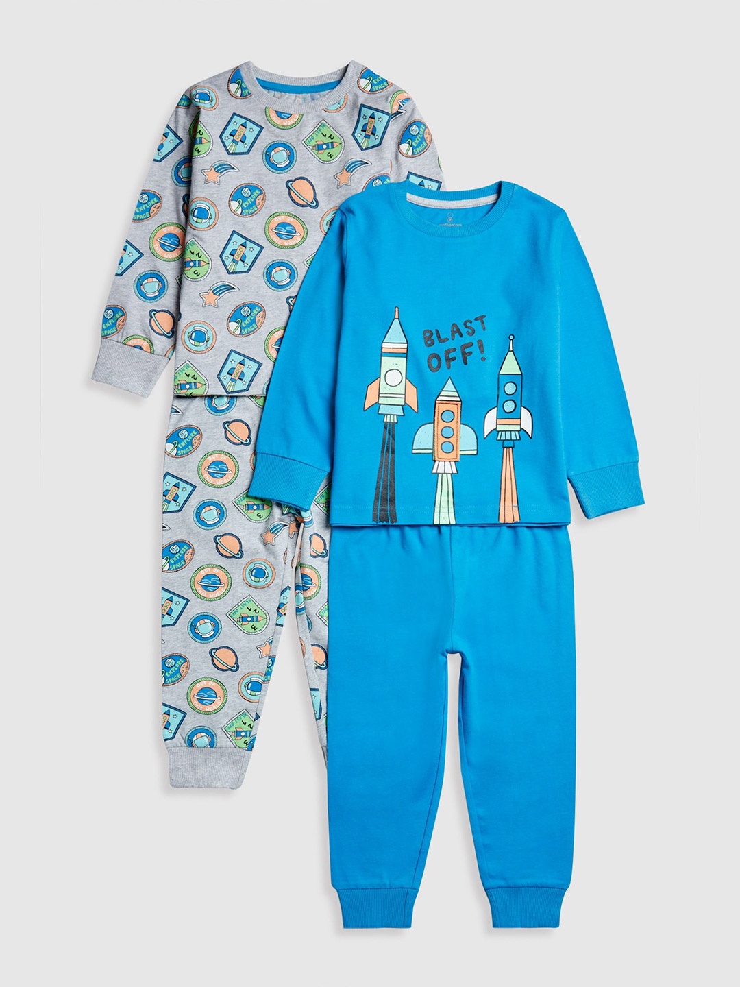 

mothercare Boys Pack Of 2 Printed Pure Cotton T-shirt with Pyjamas, Blue
