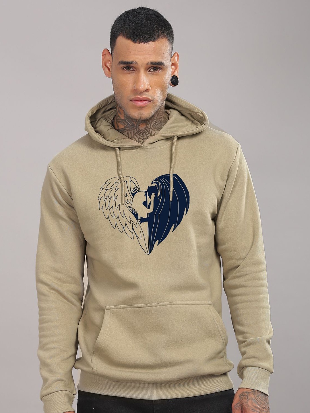 

ADRO Men Graphic Printed Hood Cotton Pullover Sweatshirt, Beige