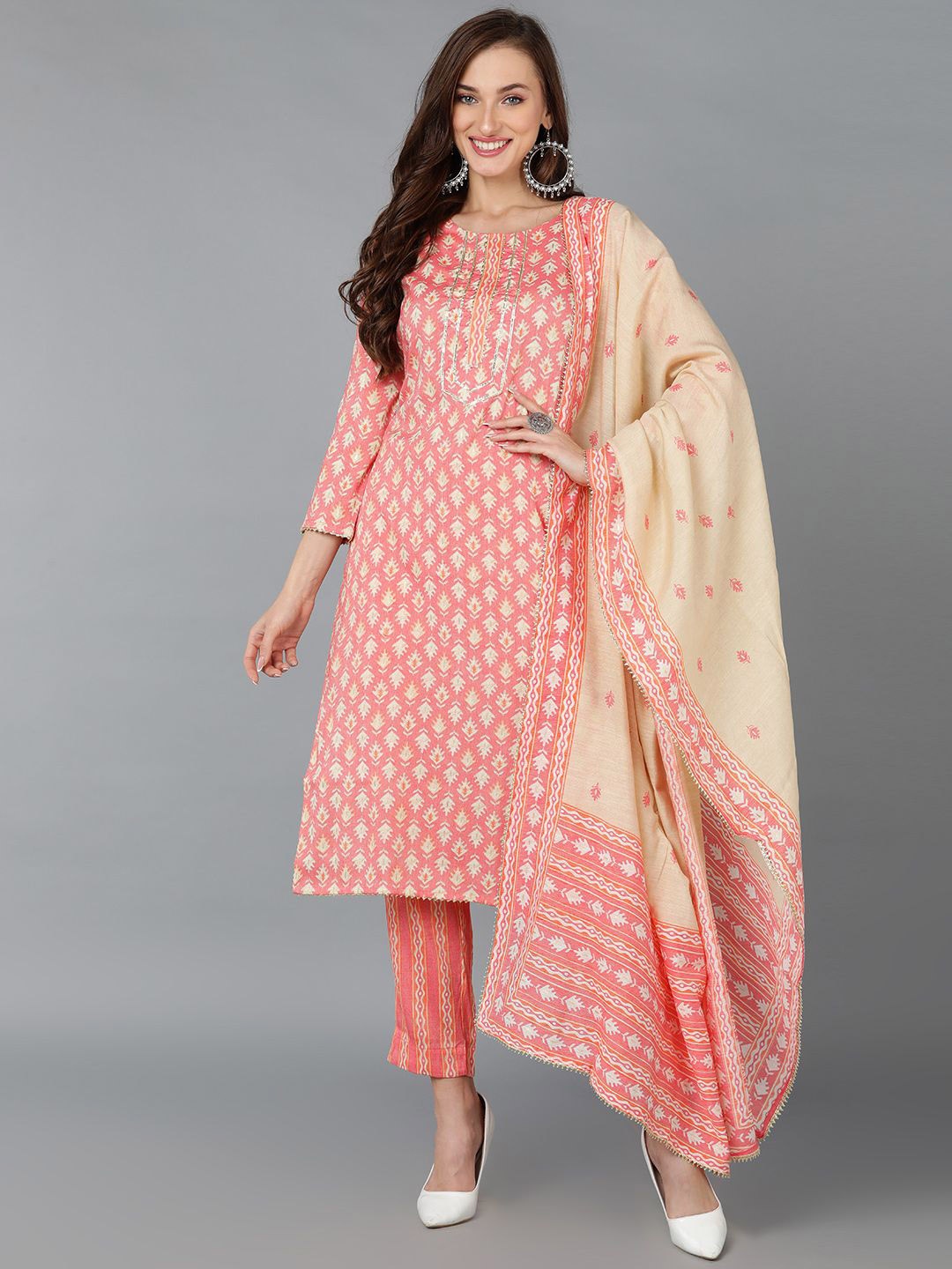 

KALINI Geometric Printed Gotta Patti Pure Cotton Straight Kurta With Trousers & Dupatta, Pink