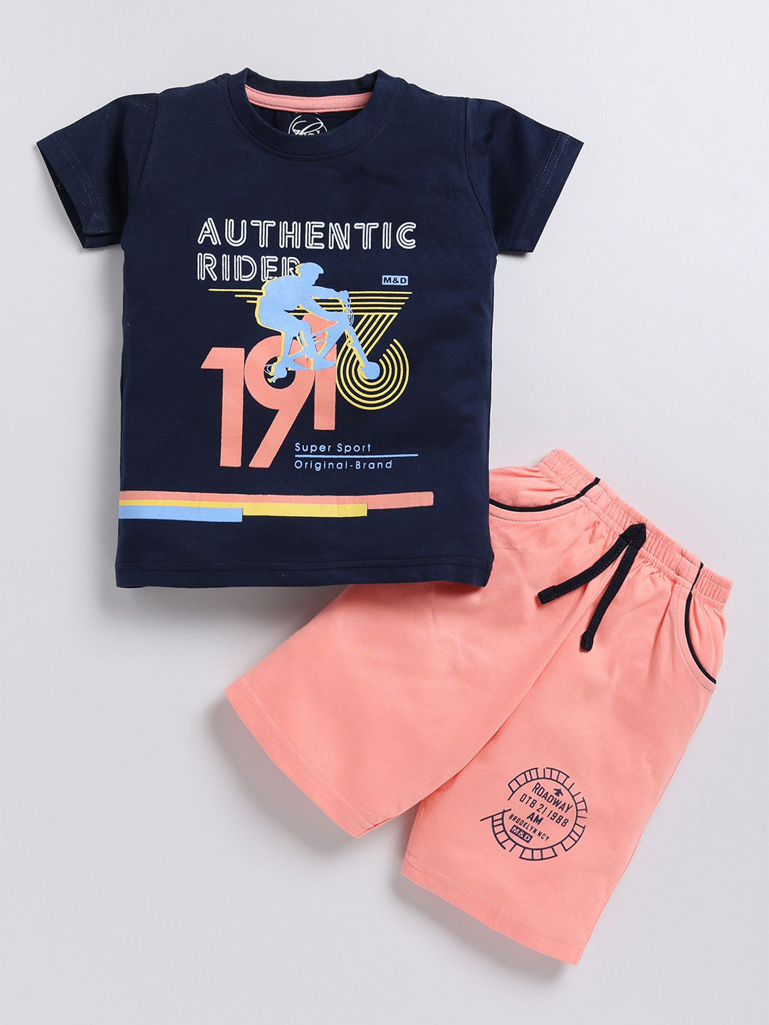 

Zeal Boys Graphic Printed Round Neck Pure Cotton T-shirt with Shorts, Navy blue
