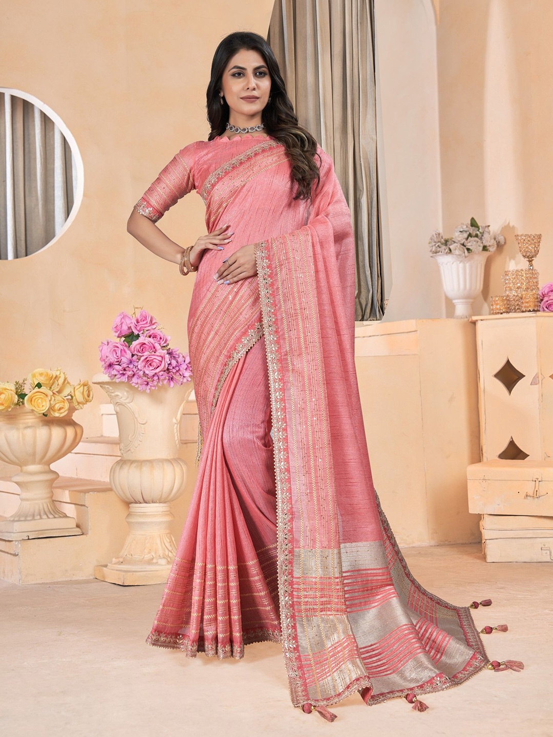 

Panzora Women Embellished Sequinned Organza Saree, Pink