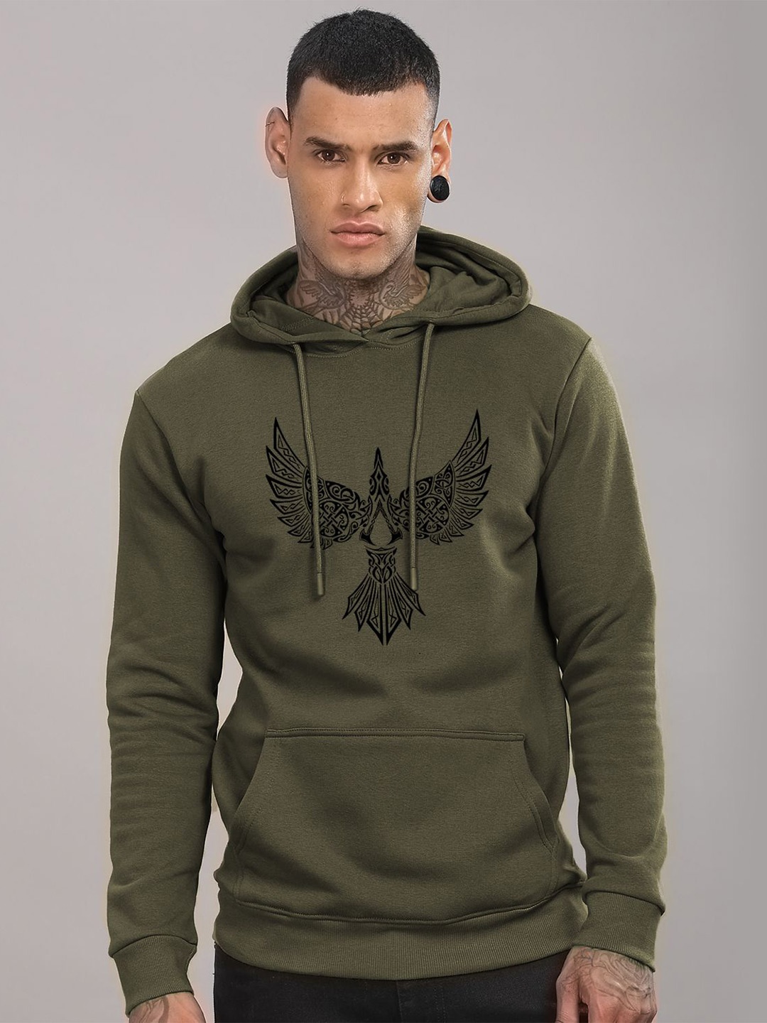 

ADRO Men Graphic Printed Hooded Pullover Sweatshirt, Olive