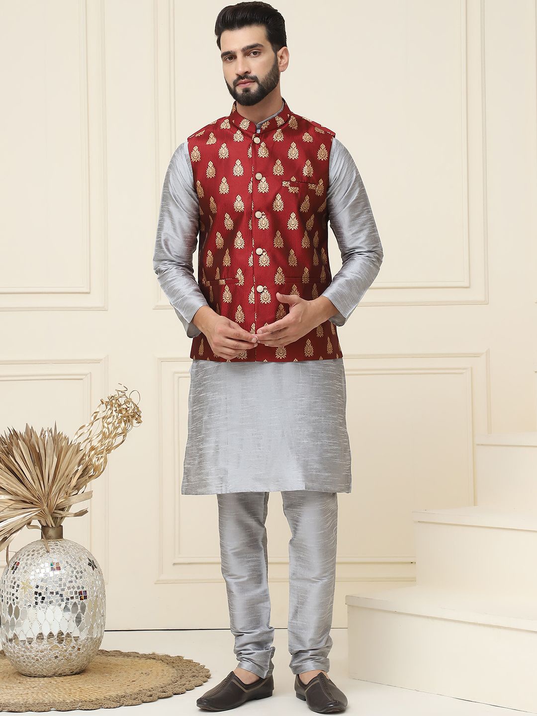 

SOJANYA Mandarin Collar Silk Cotton Straight Kurta with Churidar & Nehru jacket, Grey