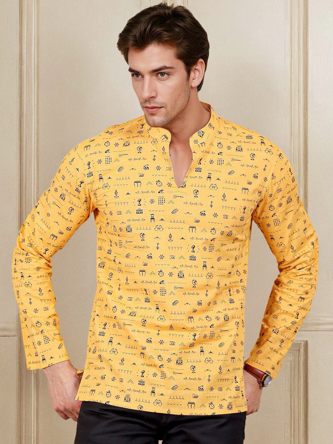 

Anouk Conversational Printed Mandarin Collar Regular Cotton Straight Short Kurta, Mustard