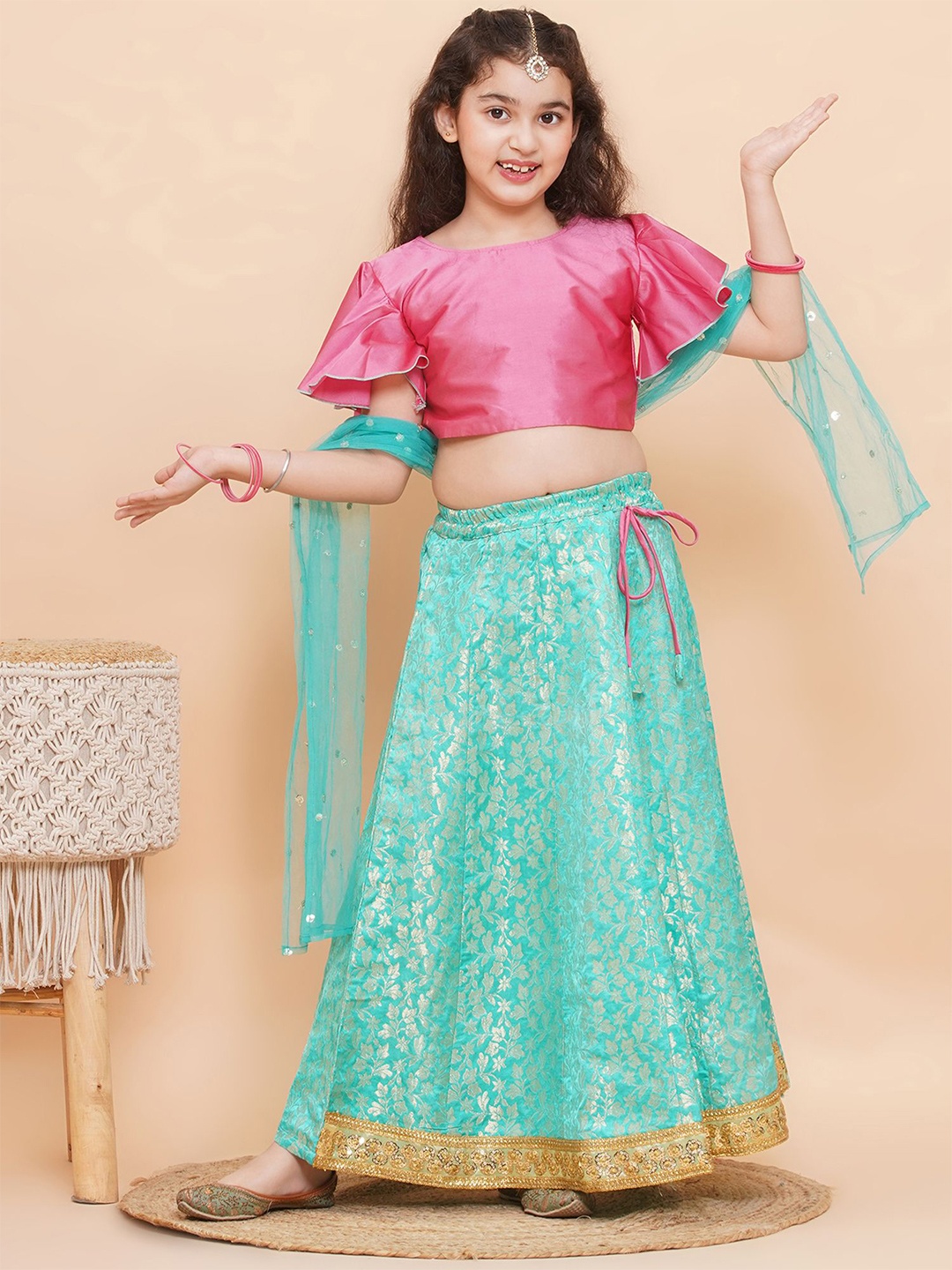 

Aj DEZInES Girls Floral Woven Design Ready to Wear Lehenga & Blouse With Dupatta, Blue