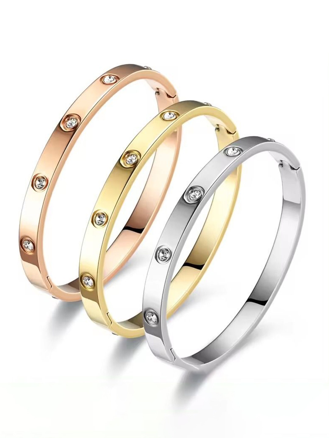 

MEENAZ Set Of 3 Stainless Steel Cubic Zirconia 18K Gold-Plated CZ Studded Kada Bracelets, Silver