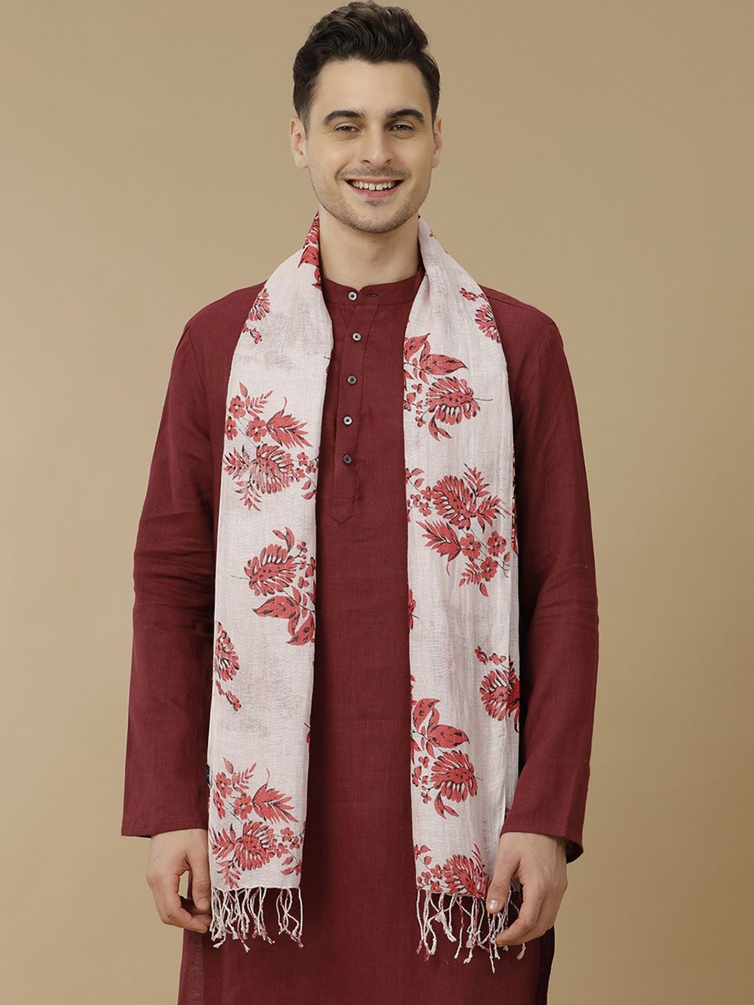 

Linen Club Unisex Floral Printed Linen Stole, Off white