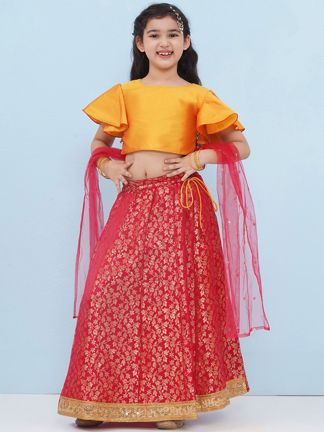 

Aj DEZInES Girls Floral Printed Ready to Wear Lehenga & Blouse With Dupatta, Red