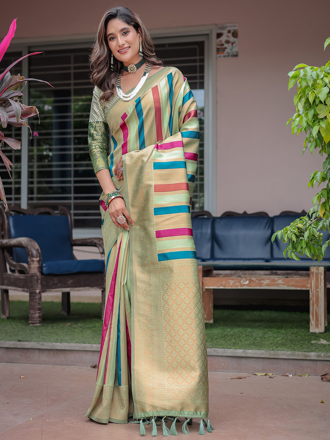 

Anouk Striped Zari Designer Kanjeevaram Saree, Green