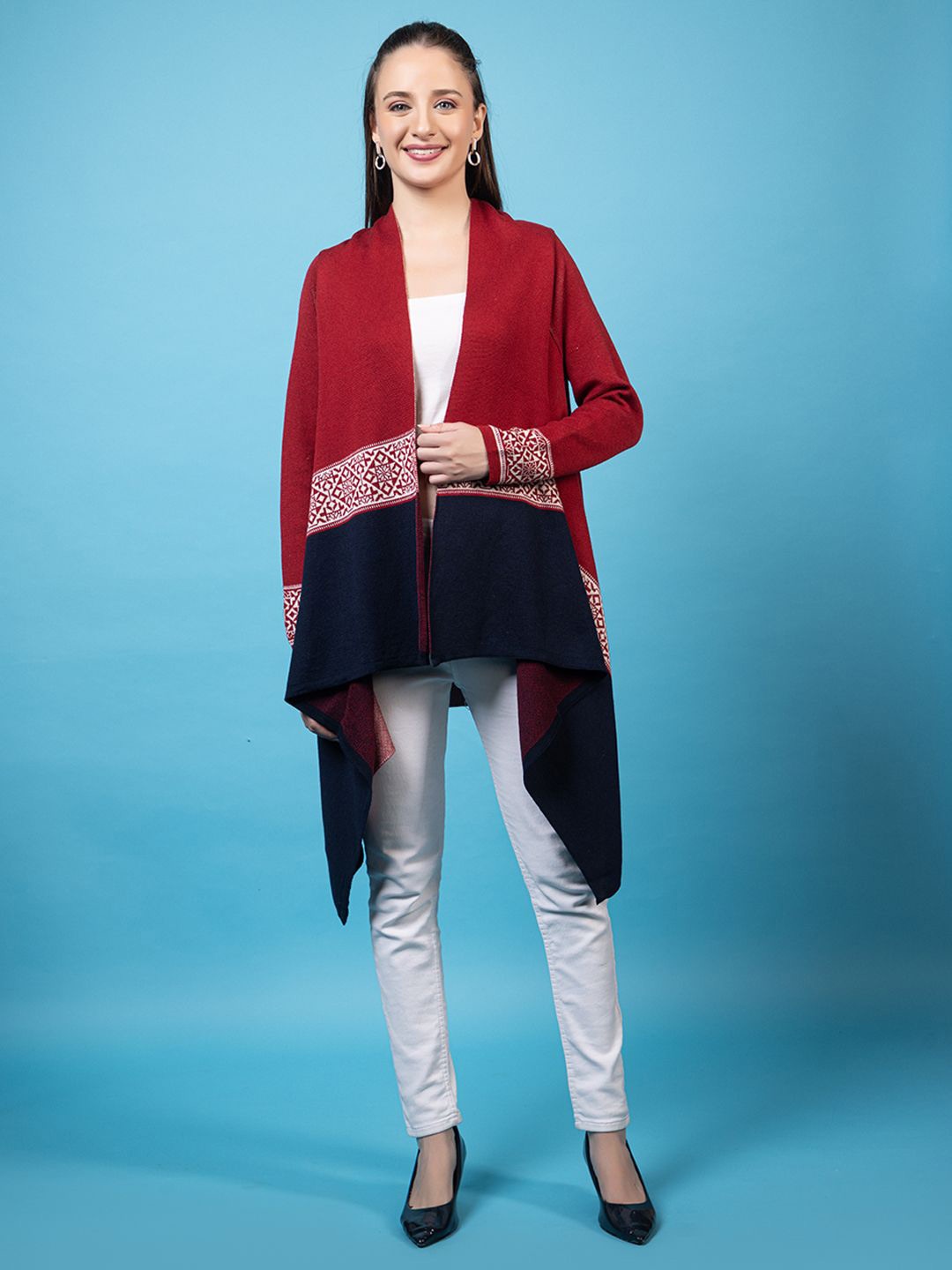 

Anouk Maroon Printed Open Front Shrug