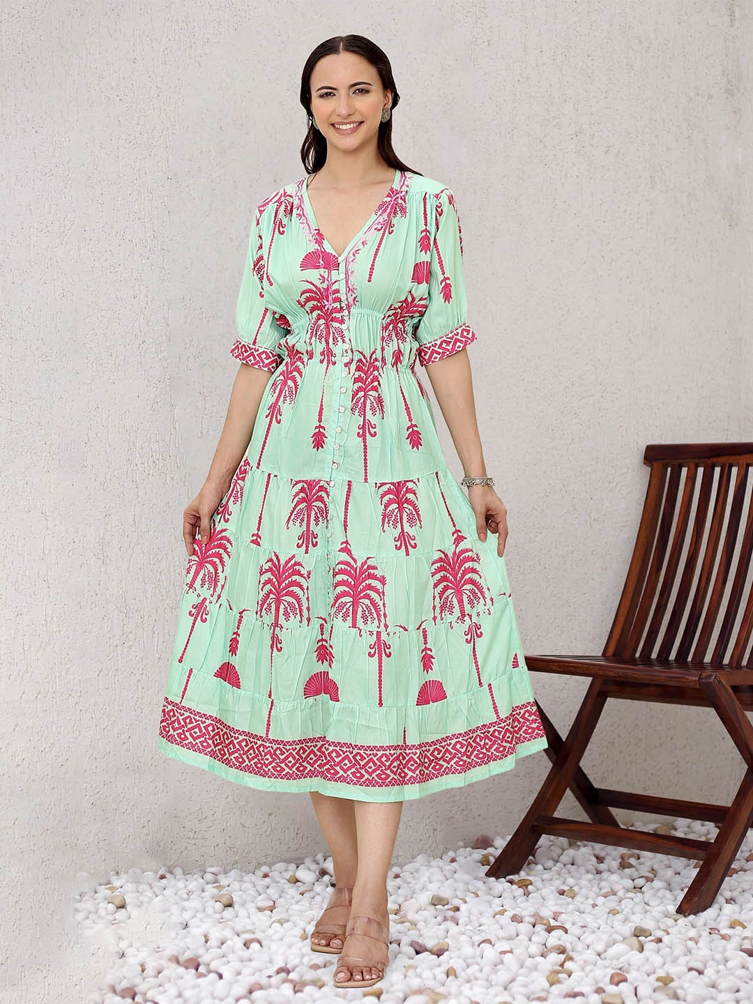 

HOUSE OF KARI Women Floral Printed Fit & Flare Midi Dress, Turquoise blue