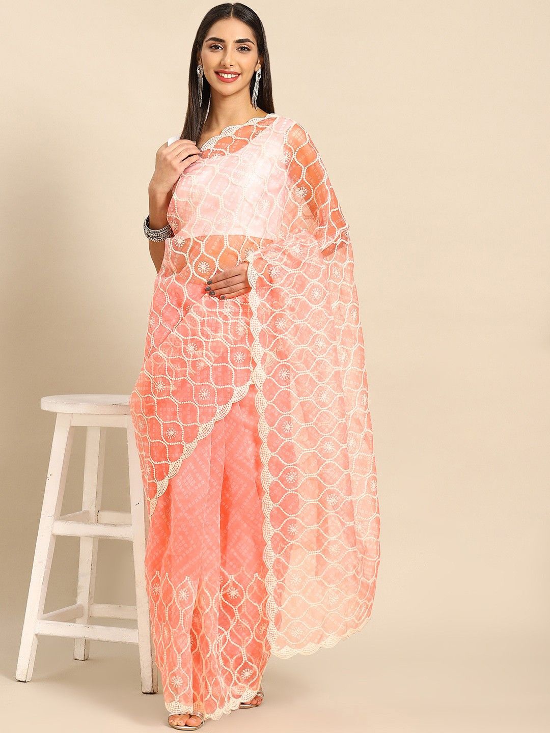 

Anouk Floral Women Embroidered Organza Saree, Peach