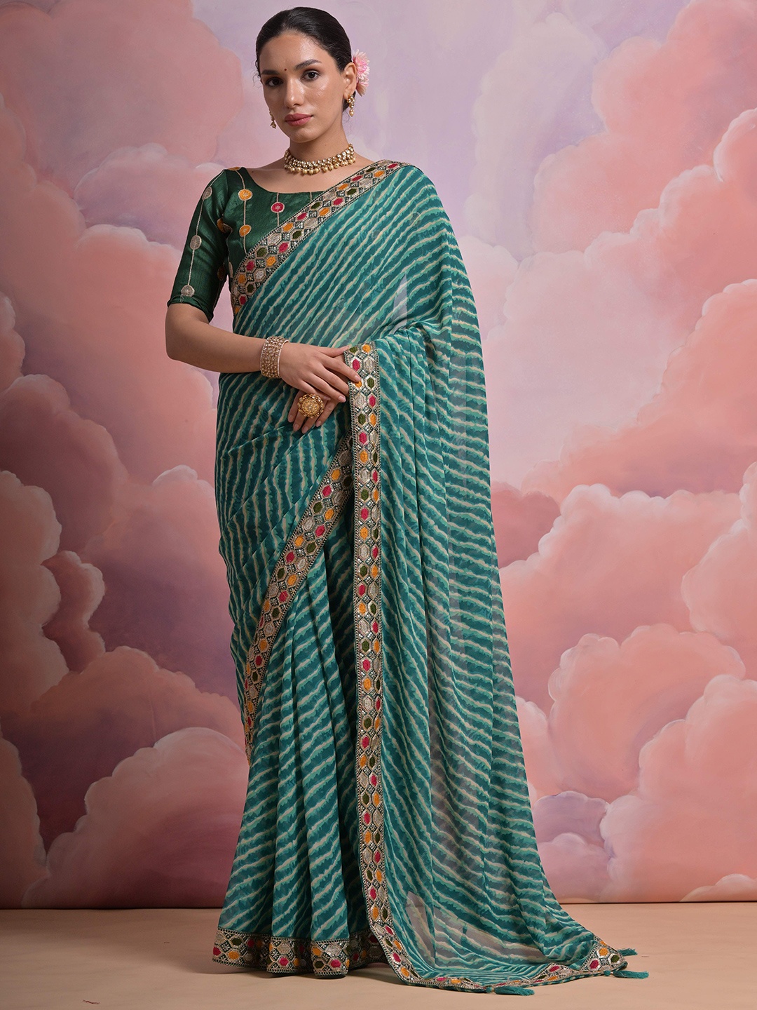 

Krimmple Leheriya Sequinned Pure Georgette Saree, Green