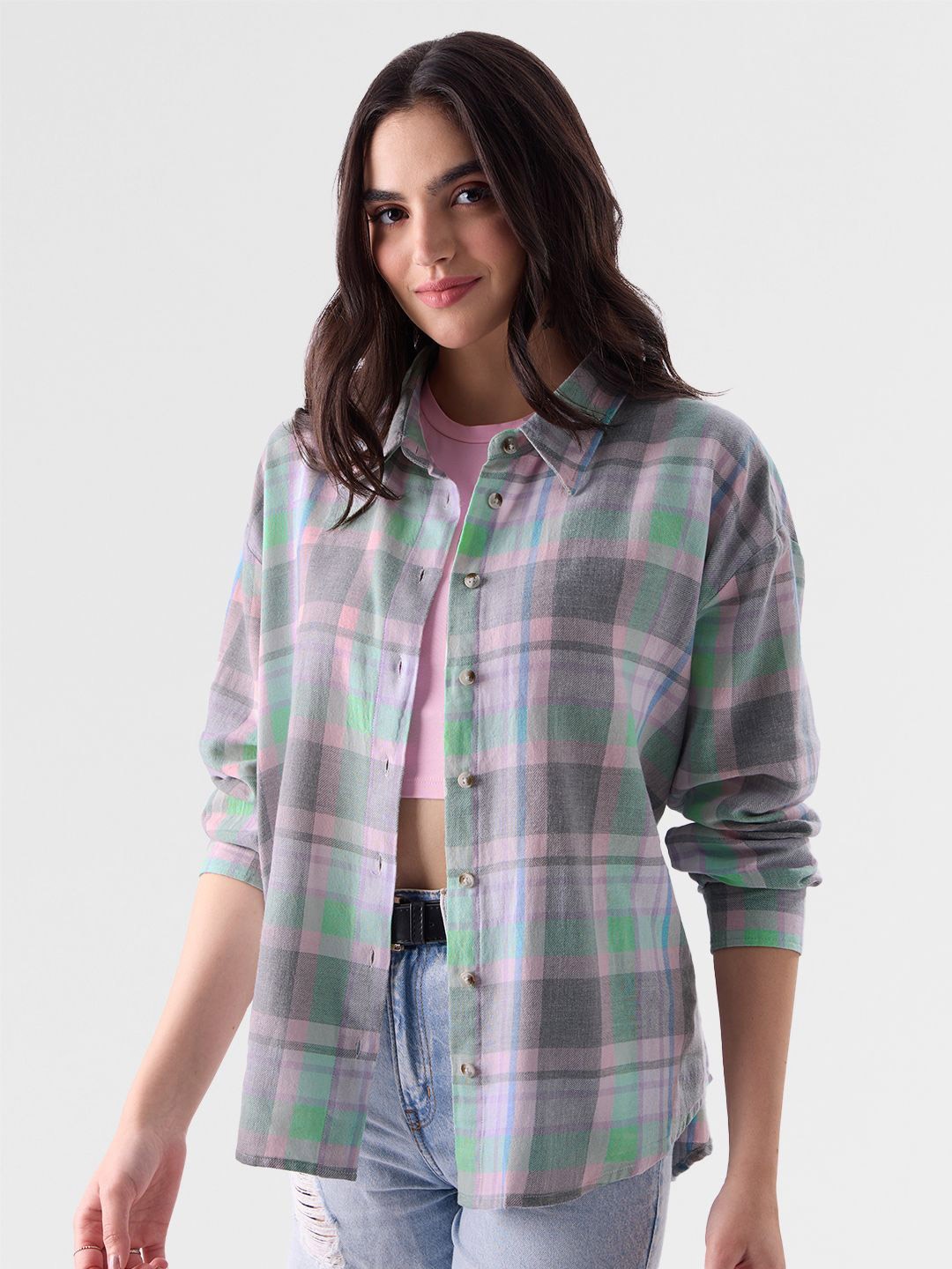 

The Souled Store Women Spread Collar Tartan Checked Cotton Oversized Casual Shirt, Multi