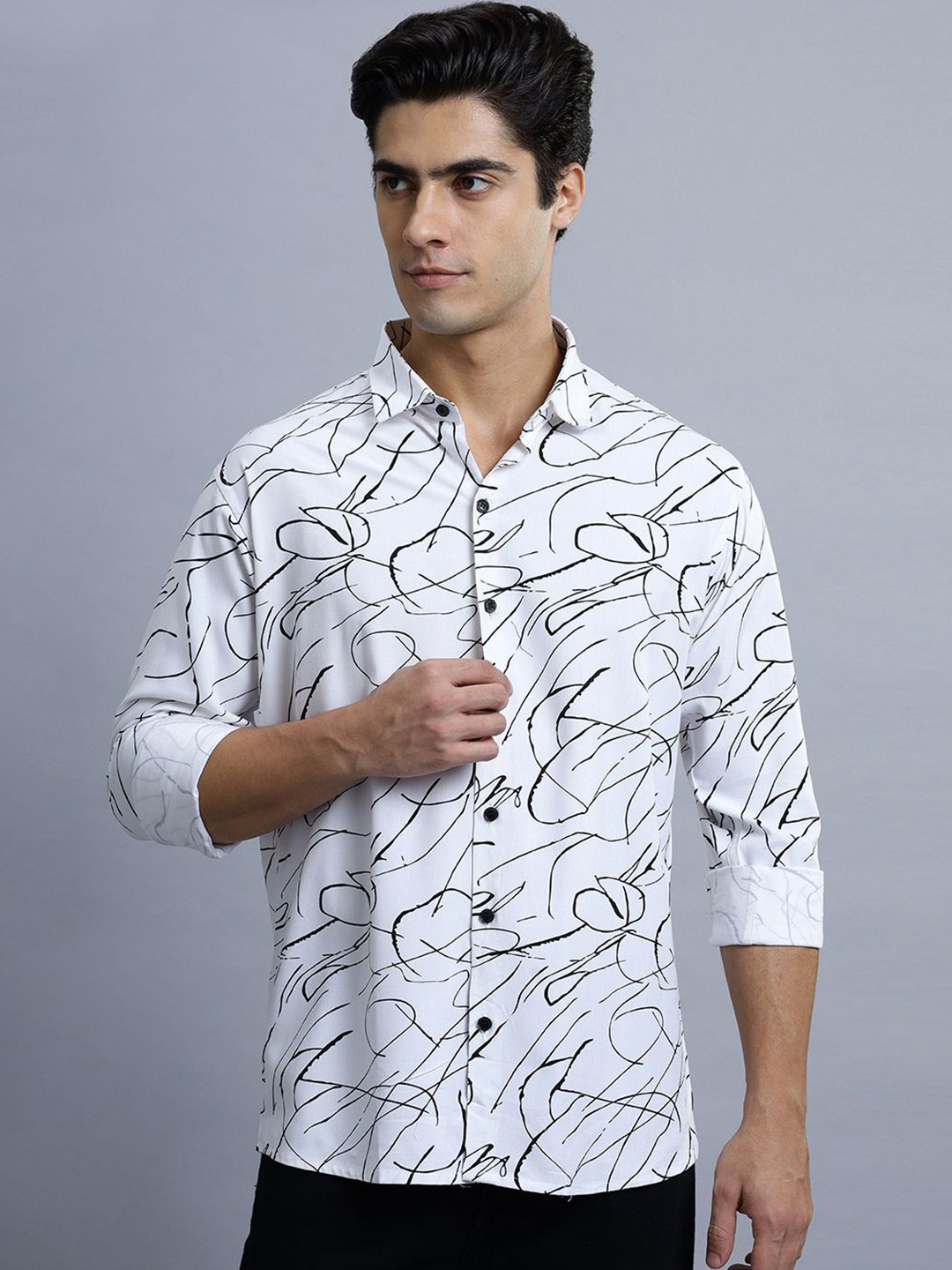 

N AND J Men Classic Spread Collar Abstract Printed Cotton Casual Shirt, White