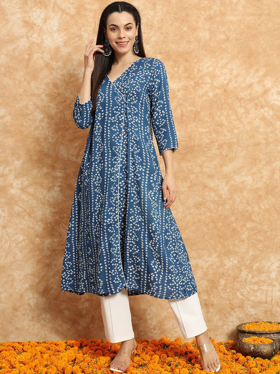 

Sa Rasa Bandhani Printed V Neck Angrakha Anarkali Kurta, Blue