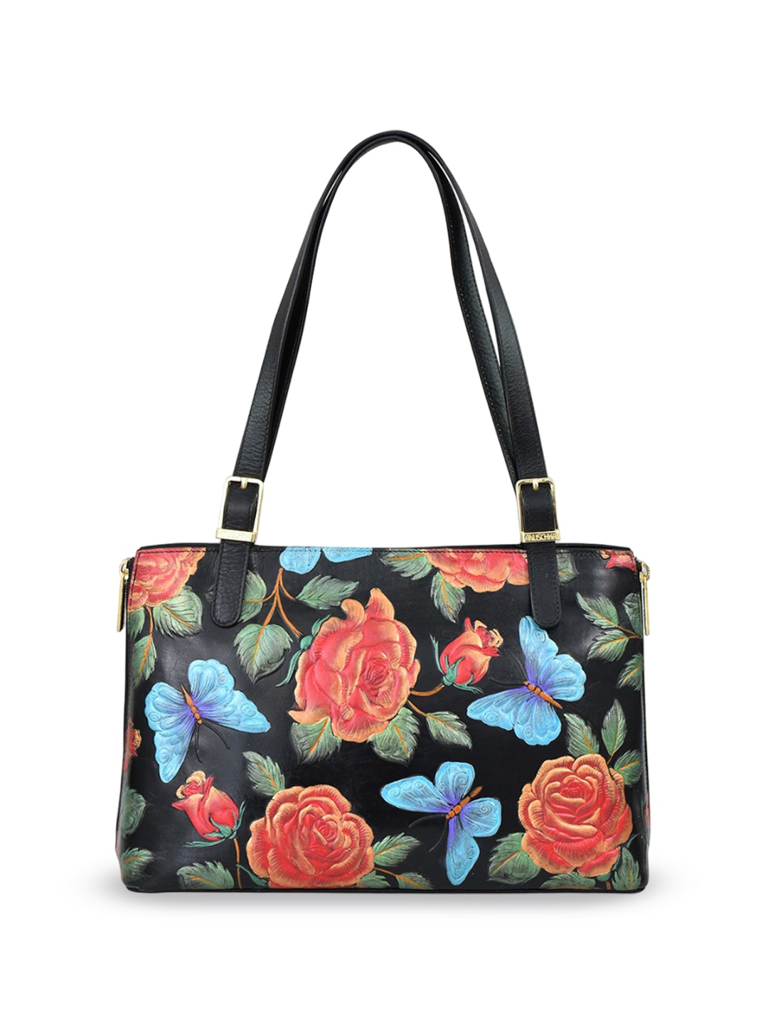 

Anuschka Women Floral Printed Leather Structured Tote Bag, Black