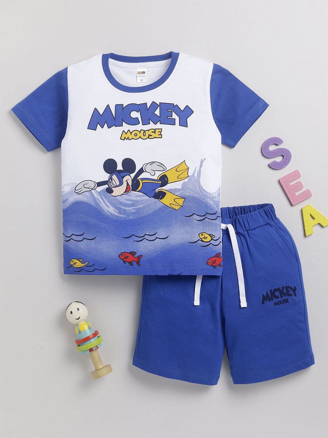 

LITTLE NINJA Boys Printed Pure Cotton T-shirt with Shorts, Blue