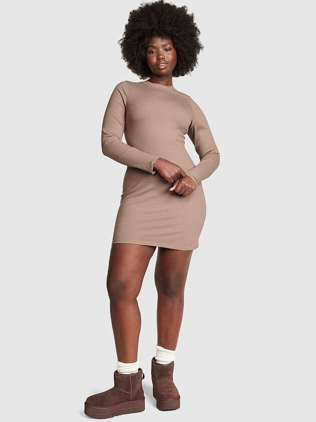 

Victoria's Secret Womens Solid Long-Sleeve Mock-Neck Bodycon Dress, Brown