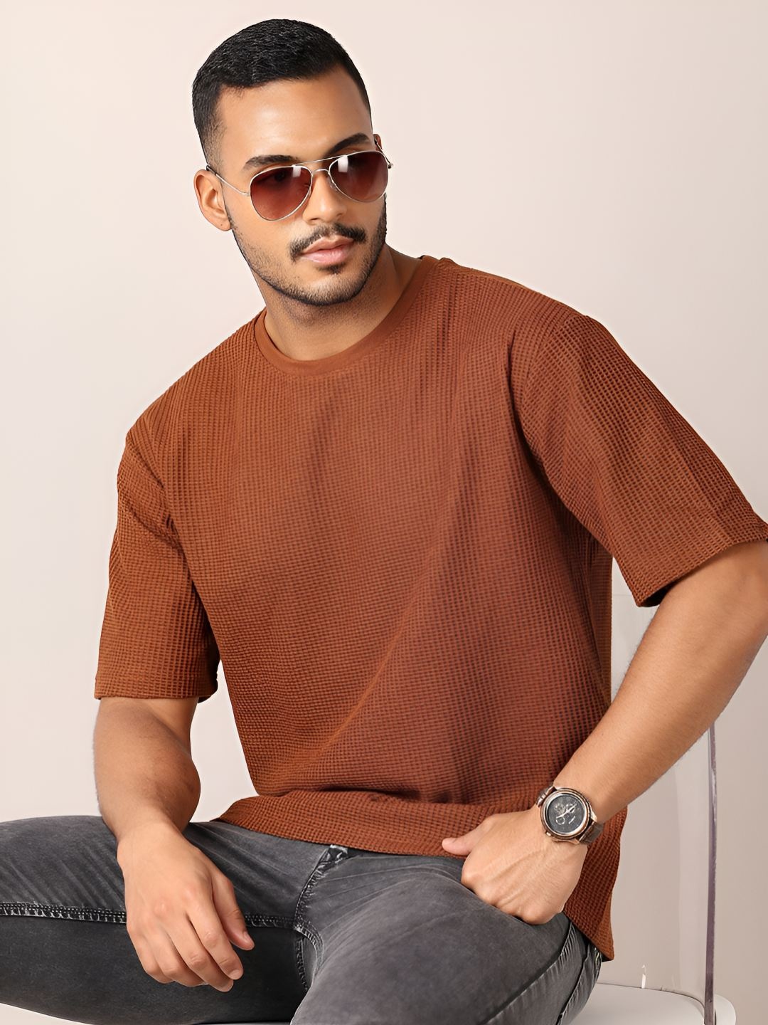 

V-Mart Men Self Design Round Neck Cotton T-shirt, Brown