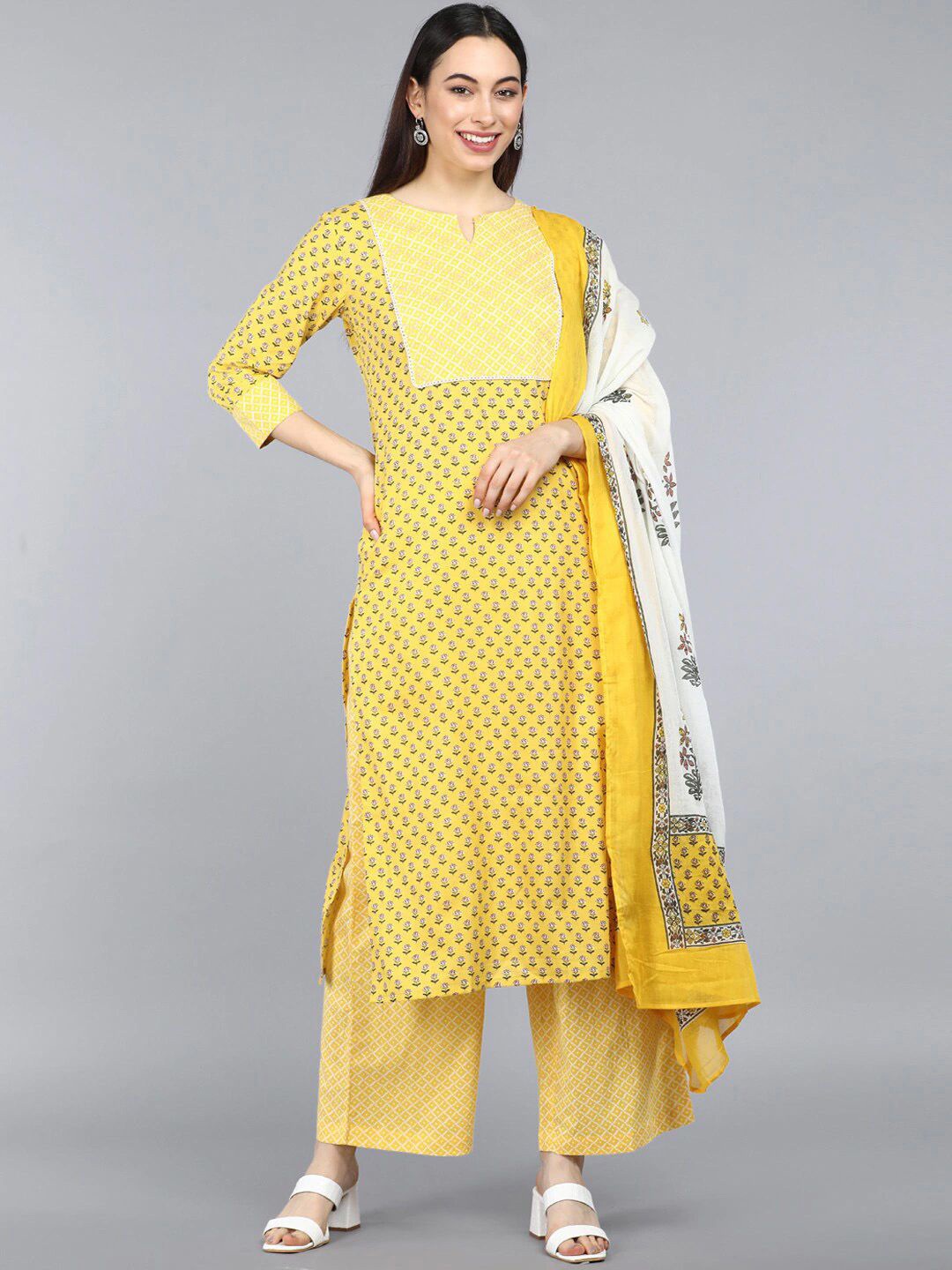 

AHIKA Floral Printed Gotta Patti Pure Cotton Straight Kurta with Palazzos & Dupatta, Yellow