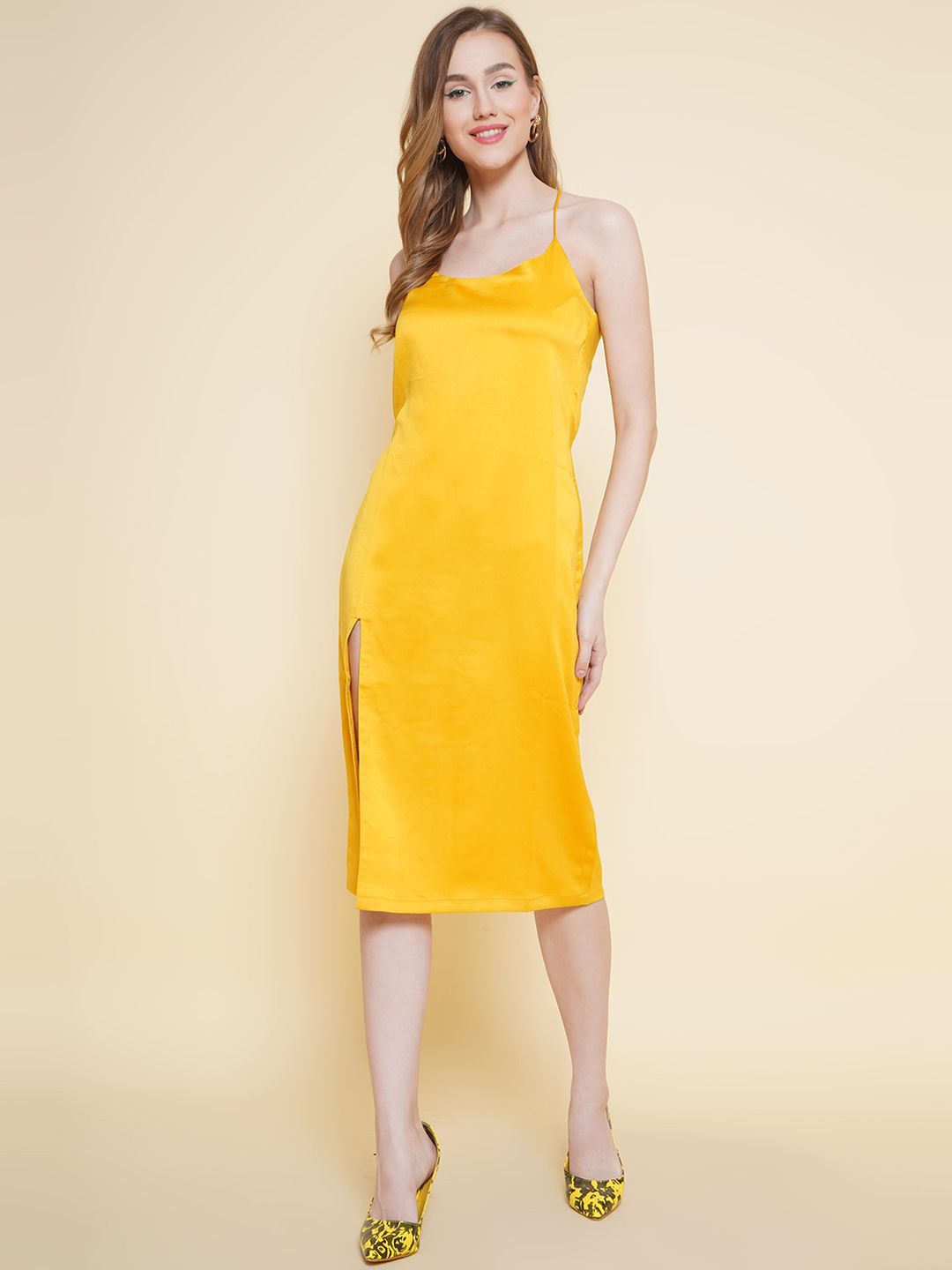 

KATLINE Satin A-Line Midi Dress, Yellow