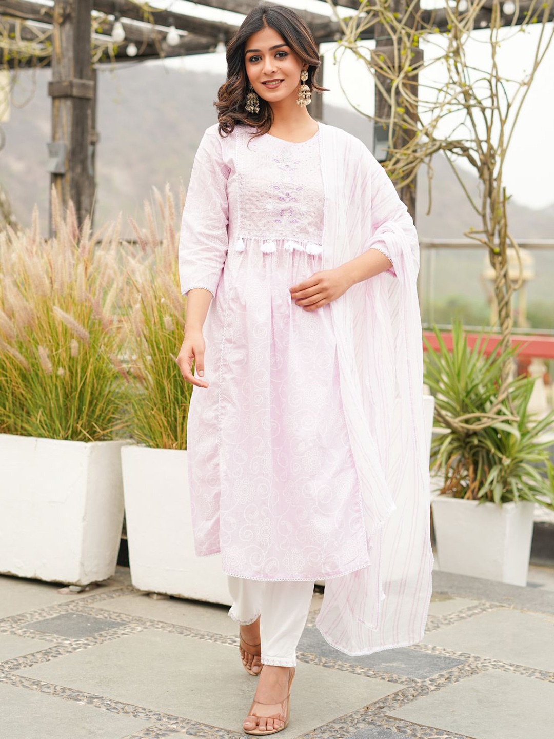 

Readiprint Fashions Floral Printed A Line Kurta & Palazzos With Dupatta, Pink