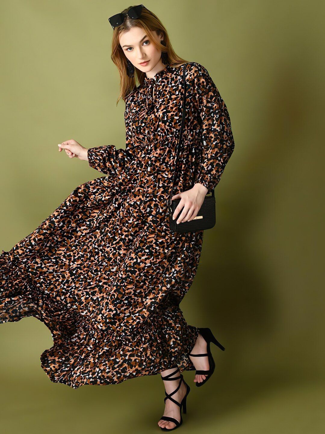 

ZWERLON Women Animal Printed Tie-Up Neck Fit and Flare Maxi Dress, Black
