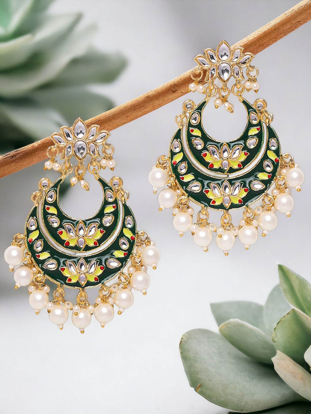 

OOMPH Floral Meenakari Kundan Studded Drop Earrings, Green