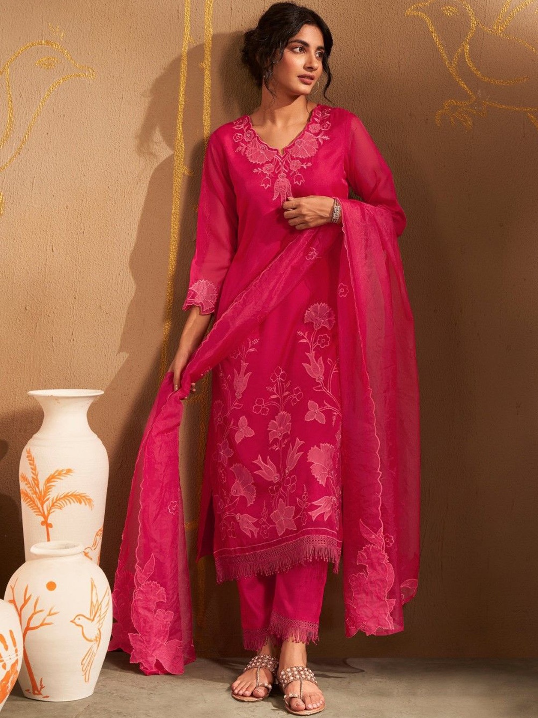 

AUTUMN LANE Bushra Taffy Floral Embroidered Straight Kurta with Trousers & Dupatta, Pink