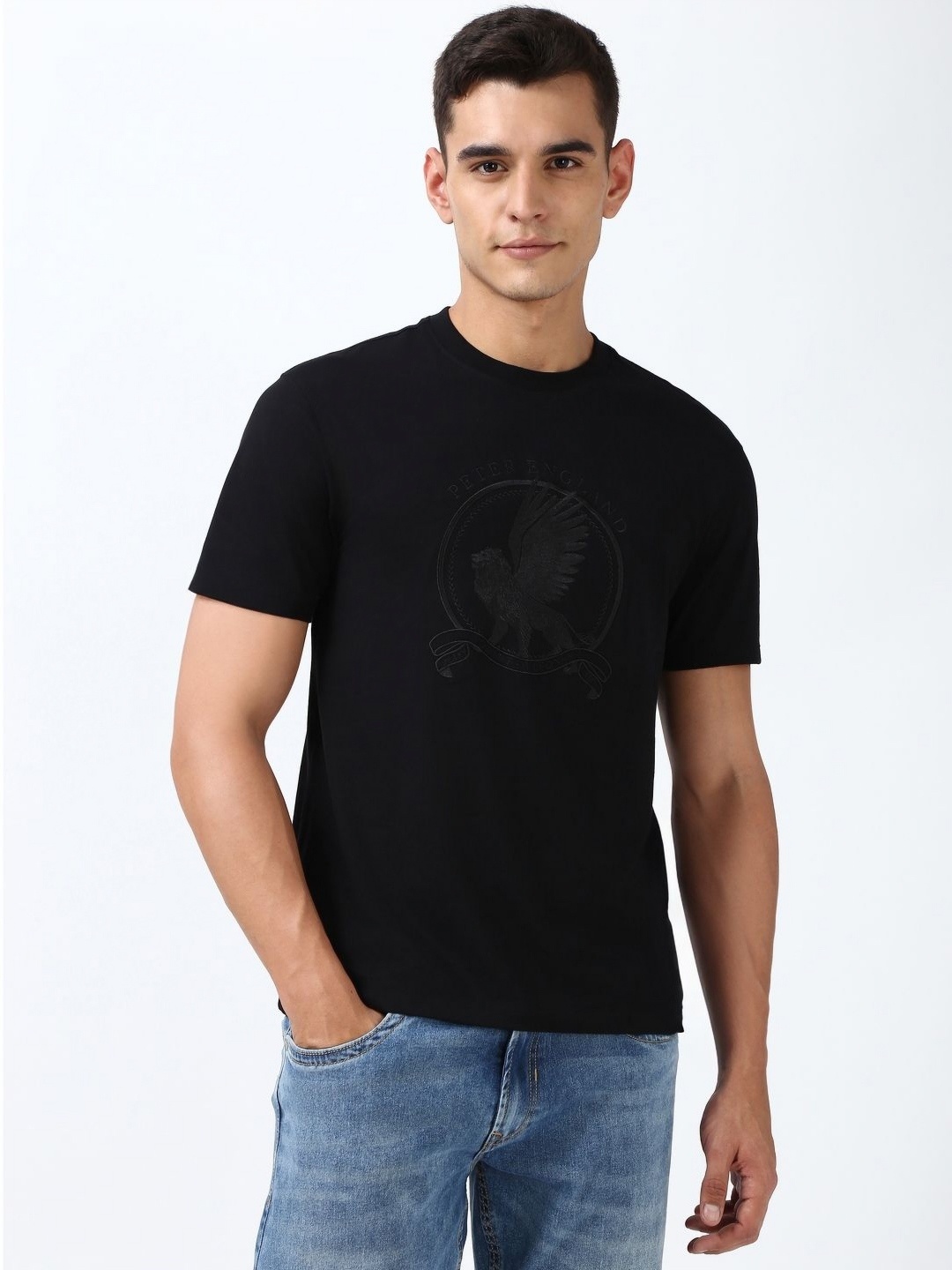 

Peter England Casuals Men Graphic Printed Round Neck Cotton T-shirt, Black