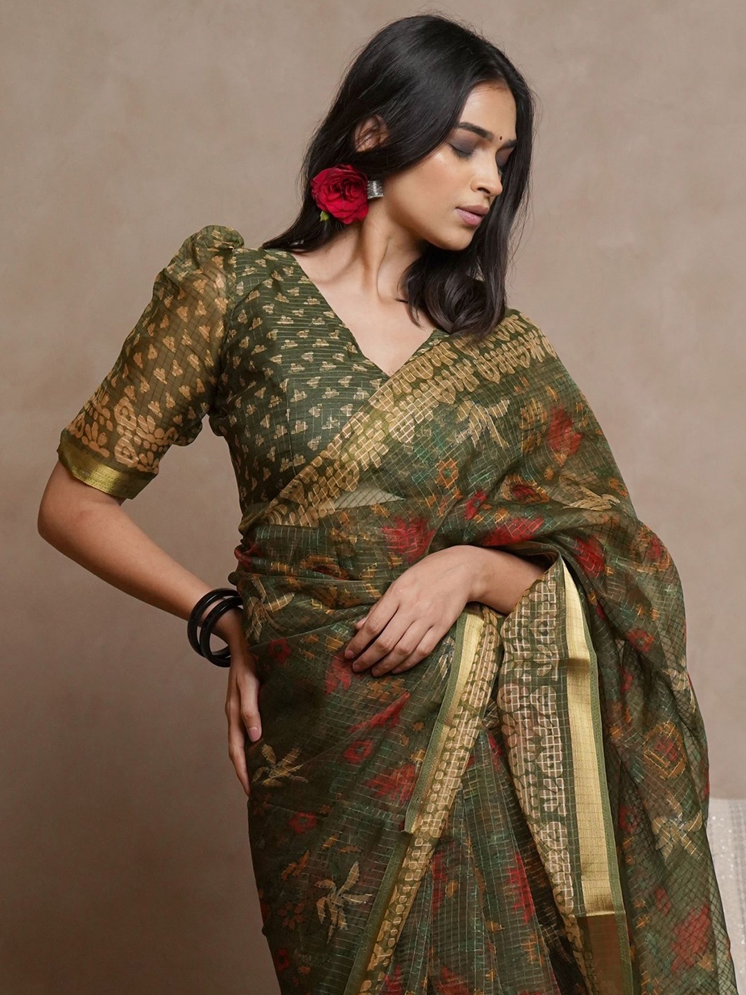 

KALINI Ethnic Motifs Printed Zari Saree, Green