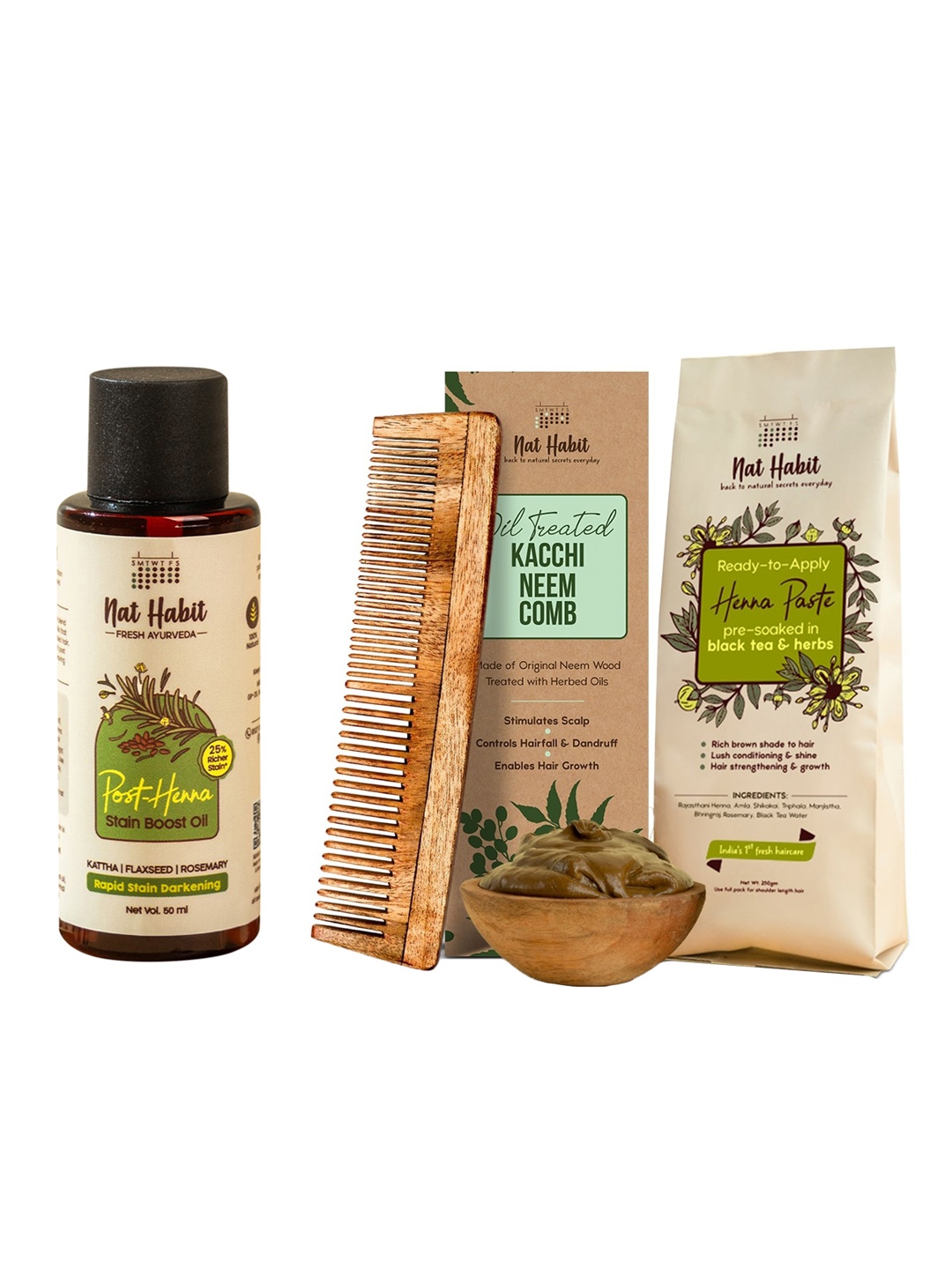 

Nat Habit Set Of Post Henna Stain Boost Oil & Henna Paste With Comb - 50ml + 220g, Off white