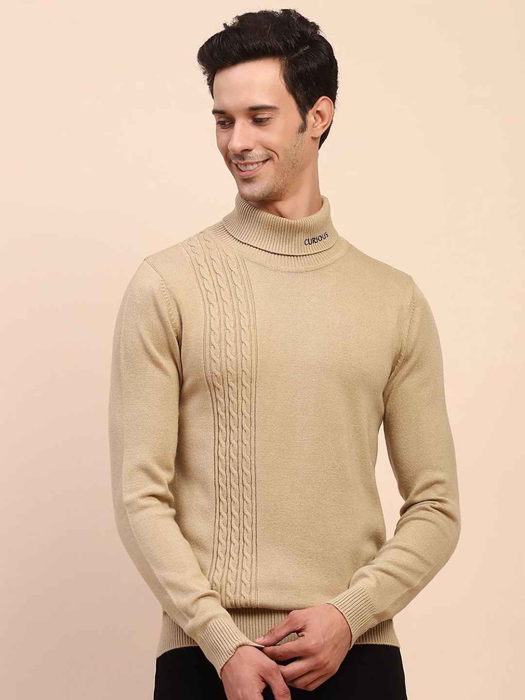 

CAMLA Mens solid knitted Acrylic Pullover, Beige