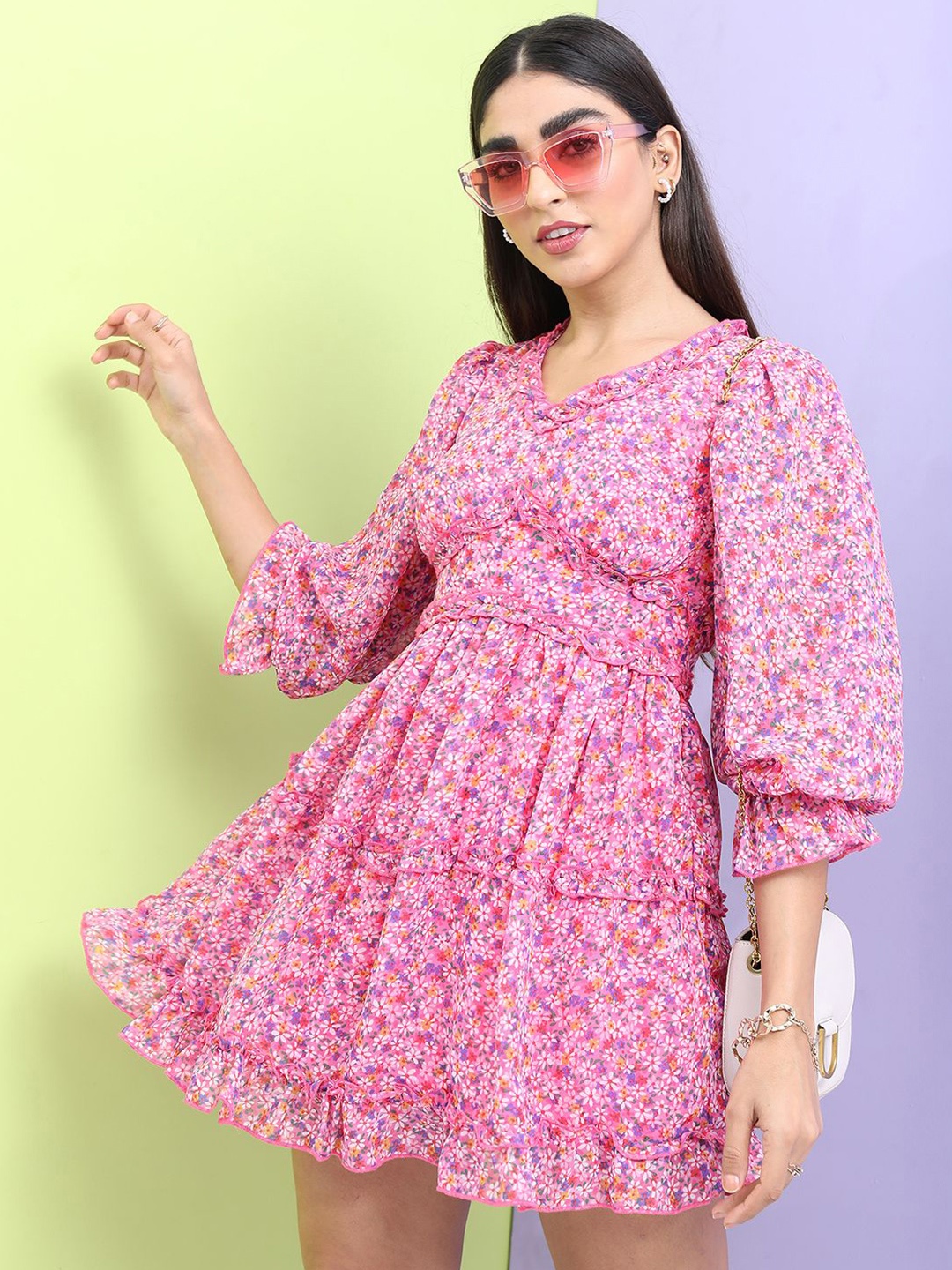 

Tokyo Talkies Floral Print Bell Sleeve A-Line Dress, Pink